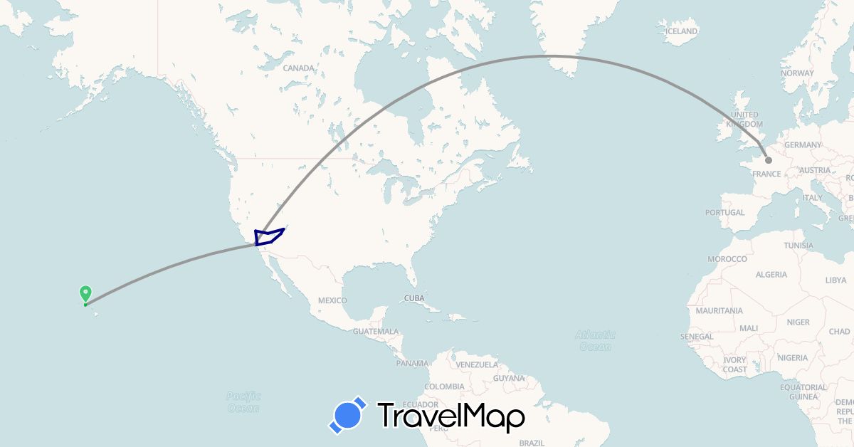 TravelMap itinerary: driving, bus, plane in France, United Kingdom, United States (Europe, North America)